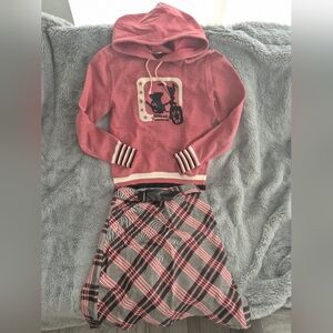 Red Hoodie with Plaid Skirt